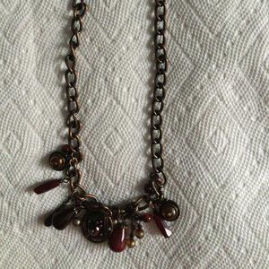 Women's necklace copper button red beads metal chain 17" likely vintage